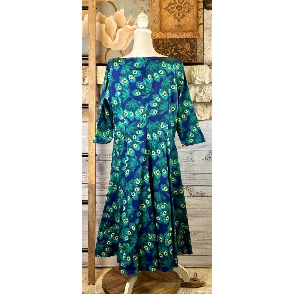 TopVintage Boutique Peacock Feather Print Swing Dress Green Blue 3XL Pockets - Picture 4 of 14